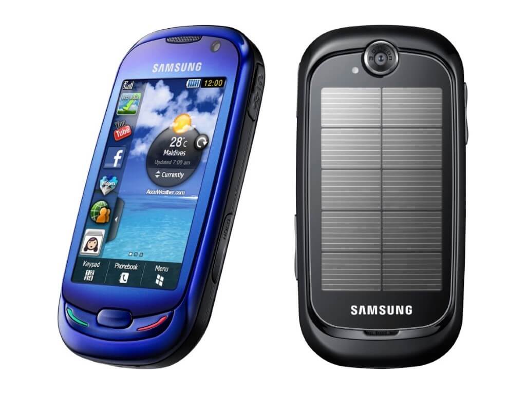 Blue phone with solar pannel on the back